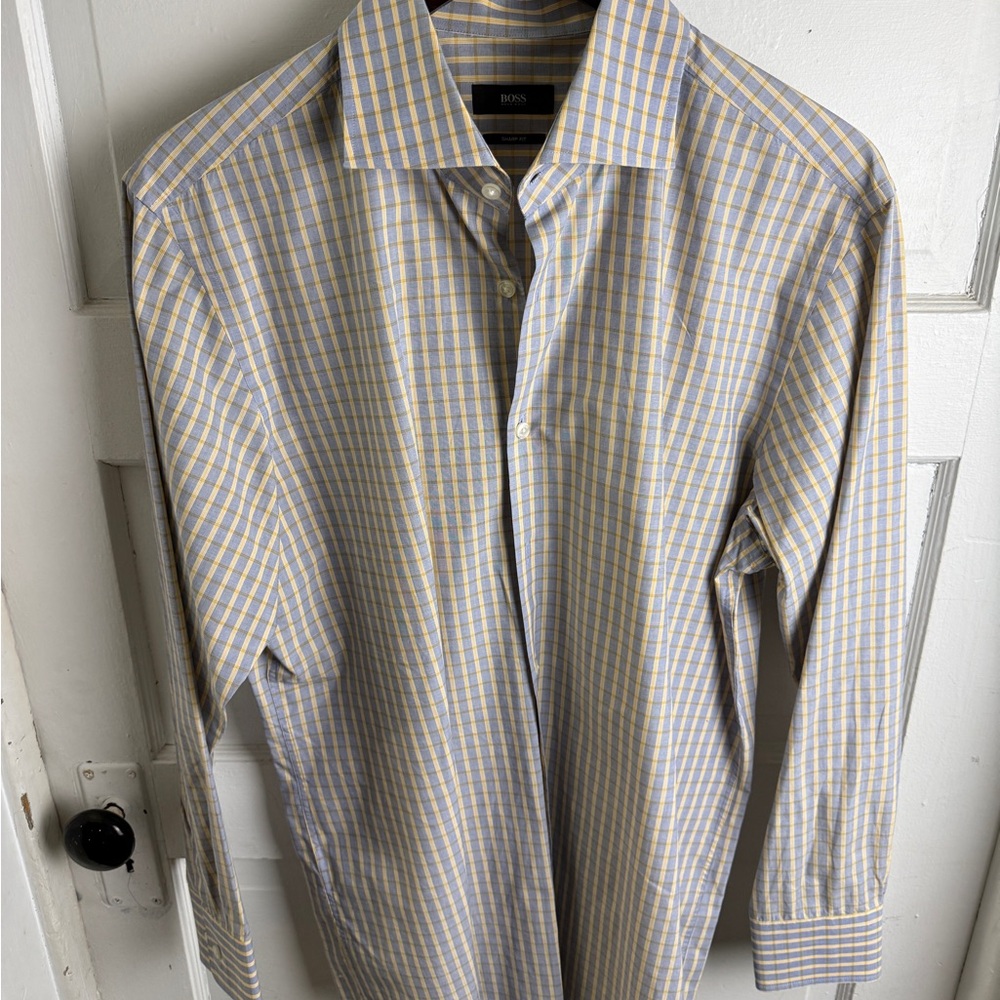 HUGO BOSS Sharp Fit Dress Shirt – Yellow & Blue Check – Modern, Bright